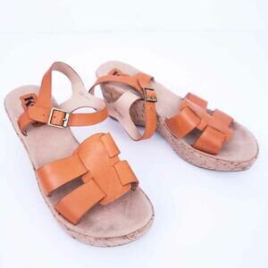 Korks by Kork Ease Leather Wedge Sandal 9M Open Toe, Ankle Strap, Orange Tan